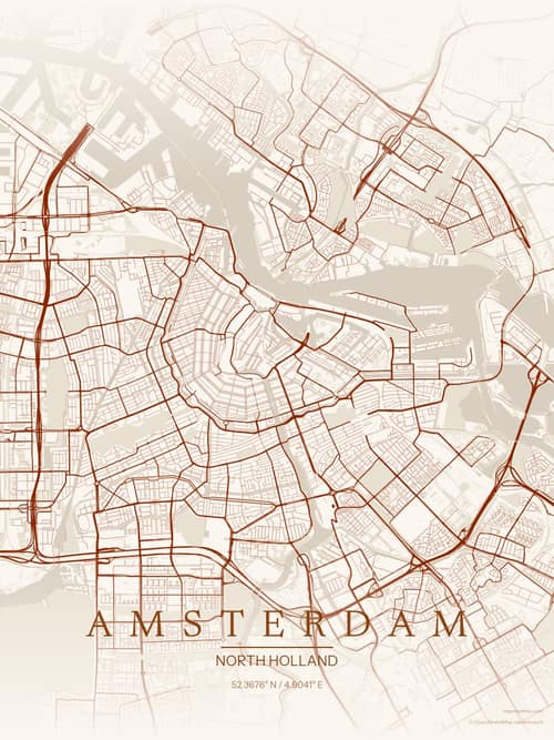 Amsterdam map art print in Autumn Embers — minimalist city map poster