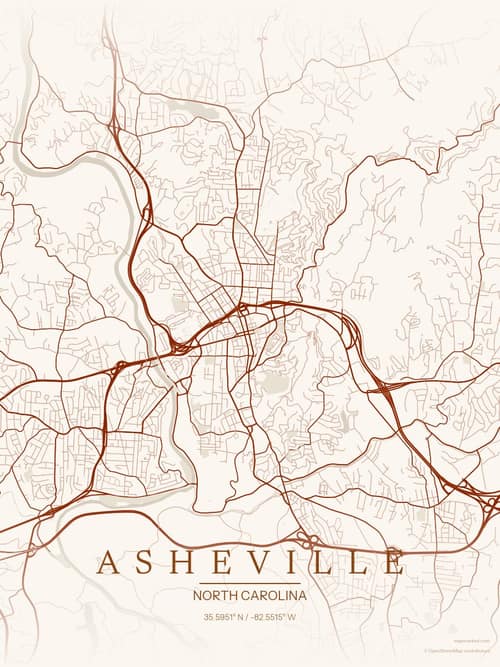 Asheville map art print in Autumn Embers — minimalist city map poster
