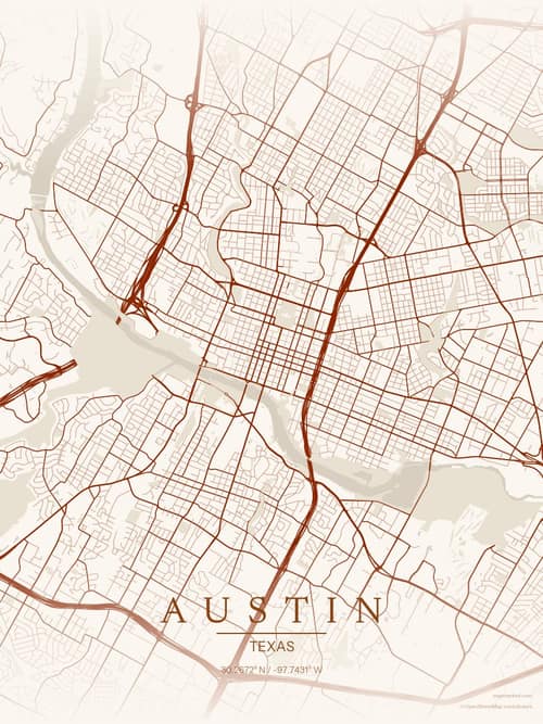Austin map art print in Autumn Embers — minimalist city map poster