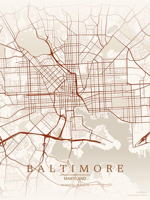 Baltimore map art print in Autumn Embers — minimalist city map poster