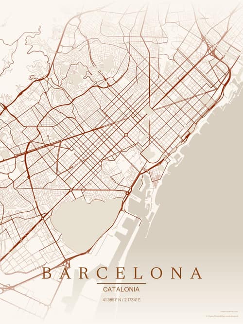 Barcelona map art print in Autumn Embers — minimalist city map poster