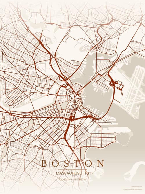 Boston map art print in Autumn Embers — minimalist city map poster