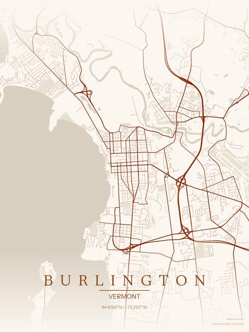 Burlington map art print in Autumn Embers — minimalist city map poster