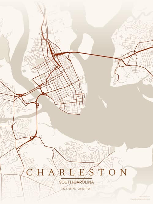 Charleston map art print in Autumn Embers — minimalist city map poster