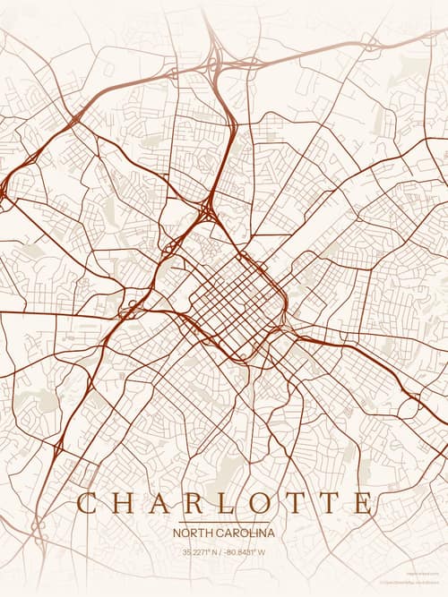 Charlotte map art print in Autumn Embers — minimalist city map poster