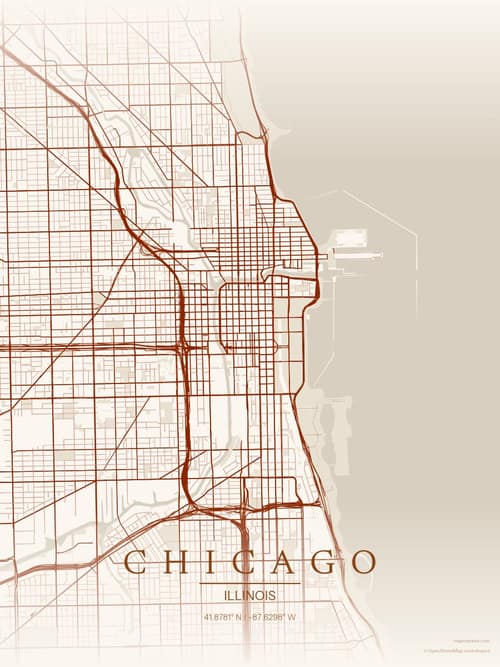 Chicago map art print in Autumn Embers — minimalist city map poster