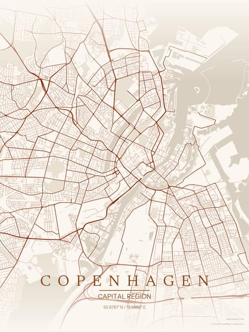 Copenhagen map art print in Autumn Embers — minimalist city map poster