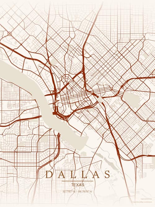 Dallas map art print in Autumn Embers — minimalist city map poster