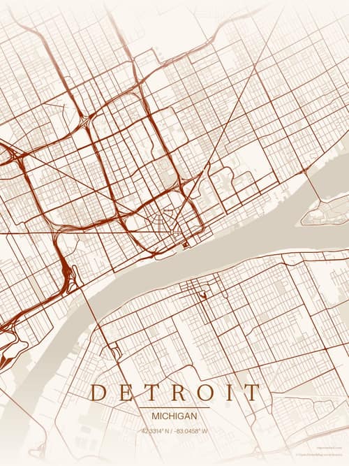 Detroit map art print in Autumn Embers — minimalist city map poster