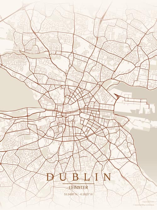 Dublin map art print in Autumn Embers — minimalist city map poster