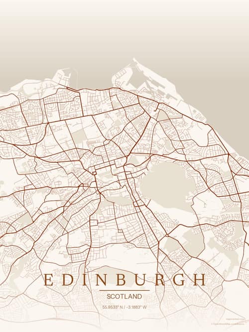 Edinburgh map art print in Autumn Embers — minimalist city map poster