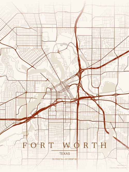 Fort Worth map art print in Autumn Embers — minimalist city map poster
