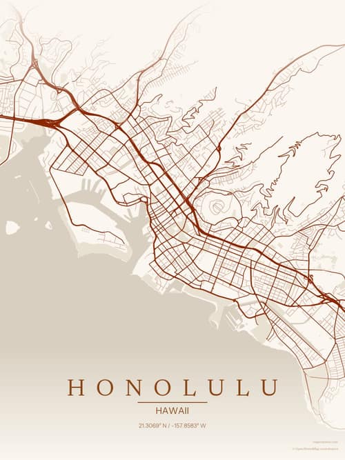 Honolulu map art print in Autumn Embers — minimalist city map poster