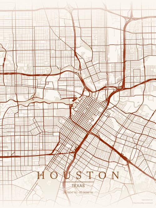 Houston map art print in Autumn Embers — minimalist city map poster