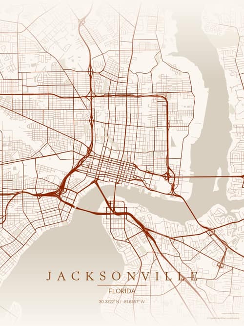 Jacksonville map art print in Autumn Embers — minimalist city map poster