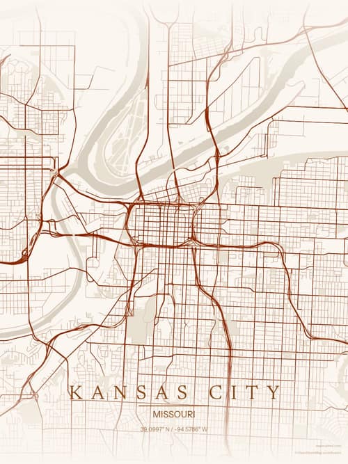 Kansas City map art print in Autumn Embers — minimalist city map poster