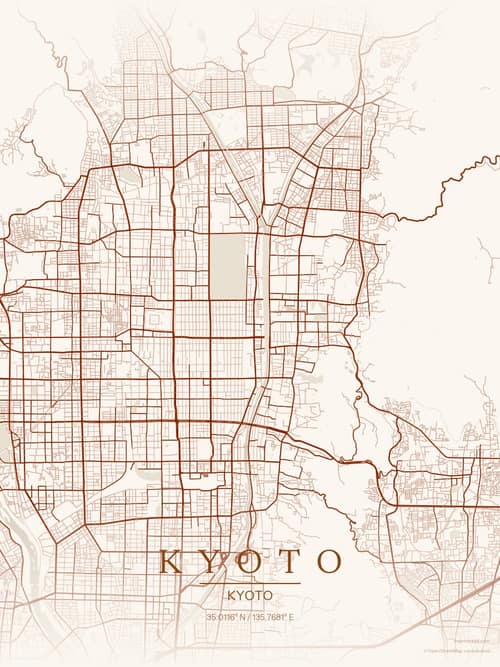Kyoto map art print in Autumn Embers — minimalist city map poster