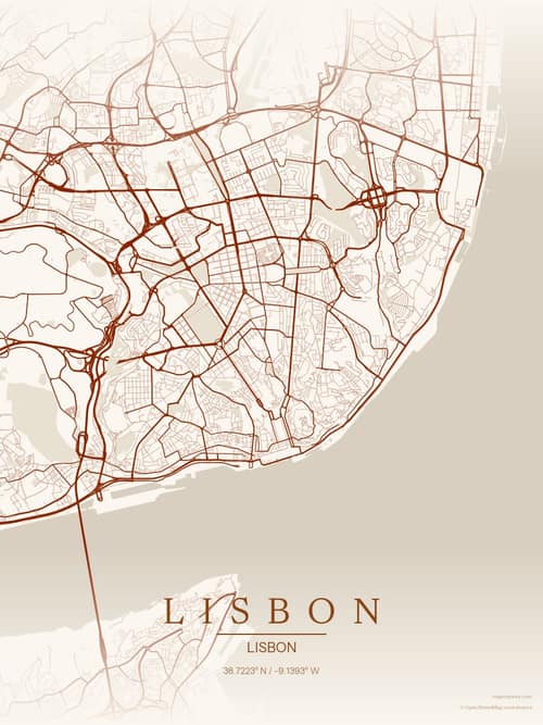 Lisbon map art print in Autumn Embers — minimalist city map poster