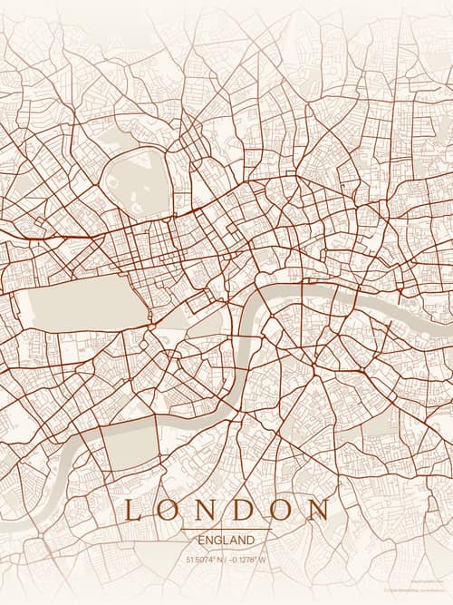 London map art print in Autumn Embers — minimalist city map poster