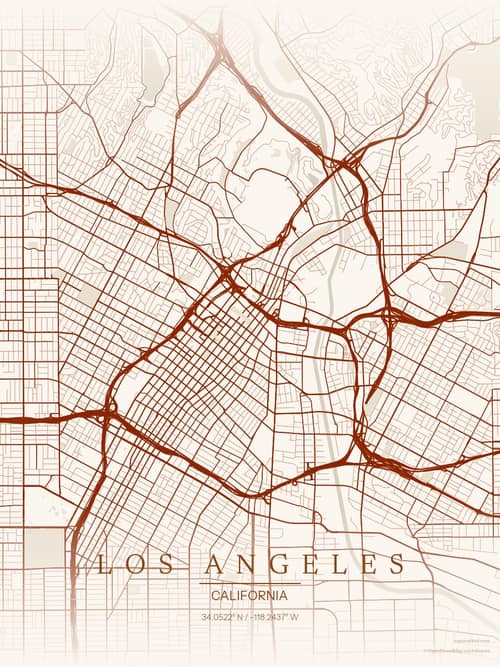Los Angeles map art print in Autumn Embers — minimalist city map poster