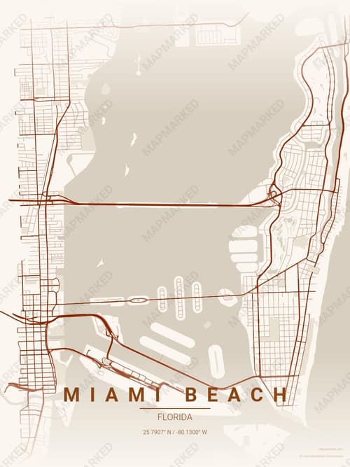 Miami Beach map art print in Autumn Embers — minimalist city map poster