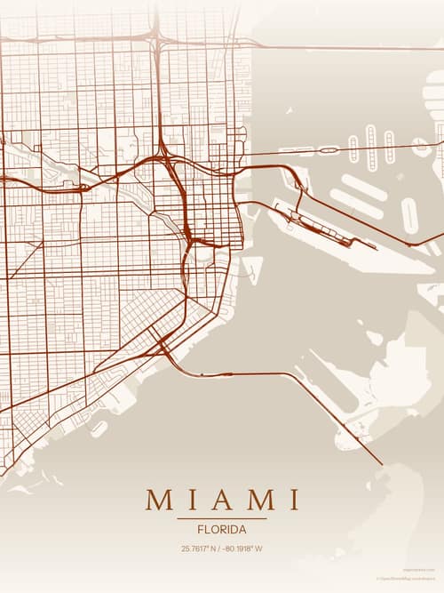 Miami map art print in Autumn Embers — minimalist city map poster