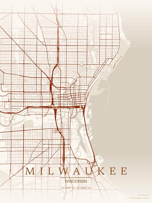 Milwaukee map art print in Autumn Embers — minimalist city map poster