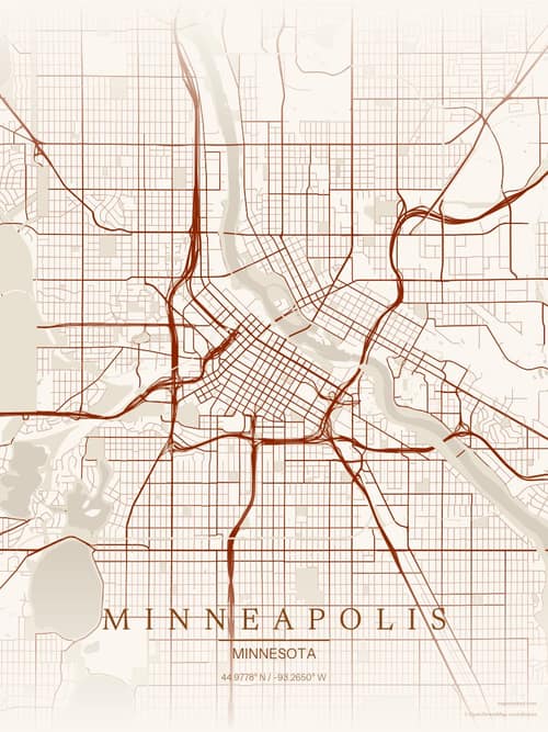 Minneapolis map art print in Autumn Embers — minimalist city map poster
