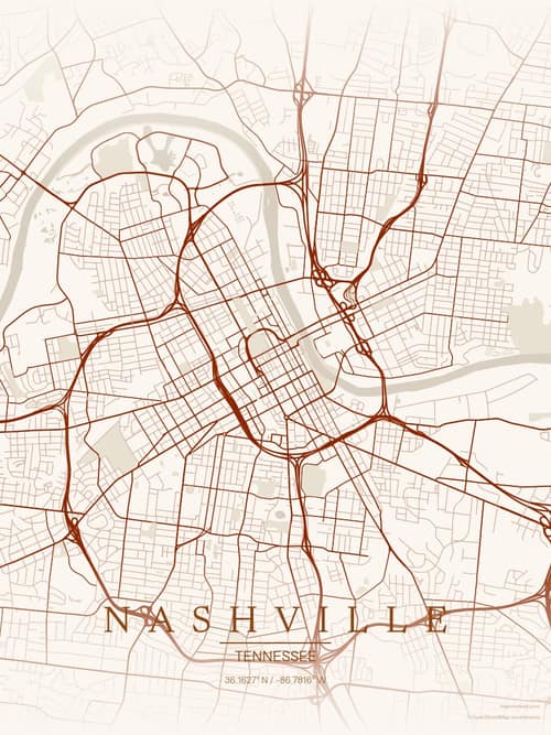 Nashville map art print in Autumn Embers — minimalist city map poster