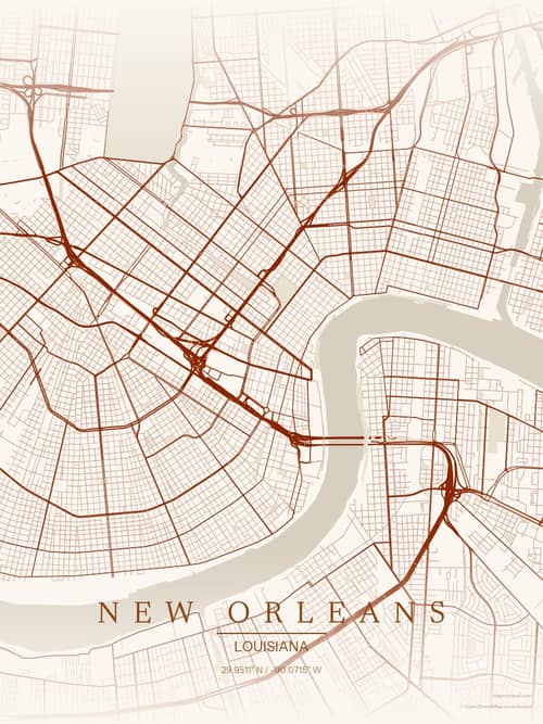 New Orleans map art print in Autumn Embers — minimalist city map poster