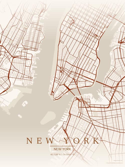 New York map art print in Autumn Embers — minimalist city map poster