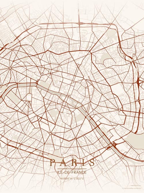 Paris map art print in Autumn Embers — minimalist city map poster