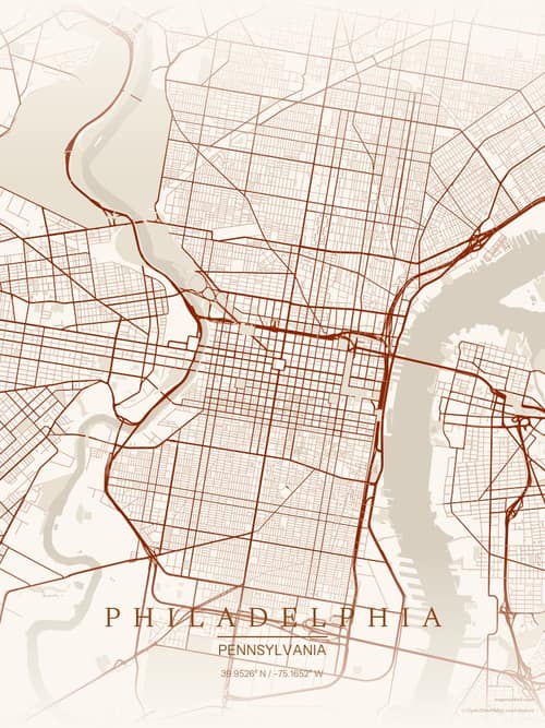 Philadelphia map art print in Autumn Embers — minimalist city map poster