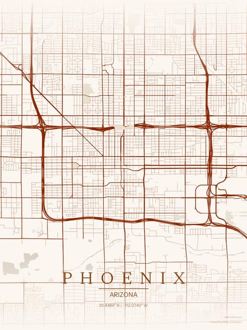 Phoenix map art print in Autumn Embers — minimalist city map poster