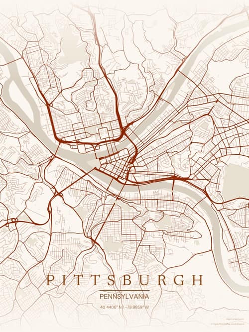 Pittsburgh map art print in Autumn Embers — minimalist city map poster