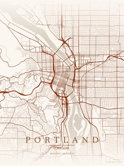 Portland map art print in Autumn Embers — minimalist city map poster