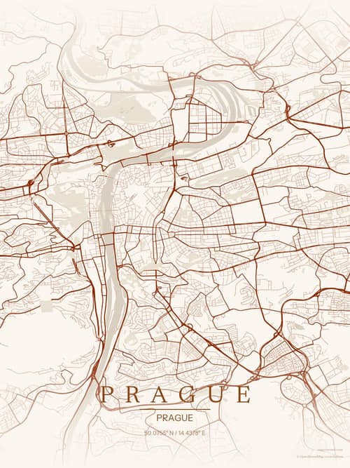 Prague map art print in Autumn Embers — minimalist city map poster