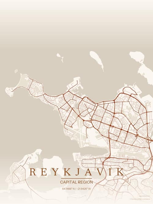 Reykjavik map art print in Autumn Embers — minimalist city map poster