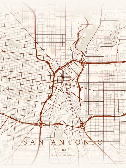 San Antonio map art print in Autumn Embers — minimalist city map poster
