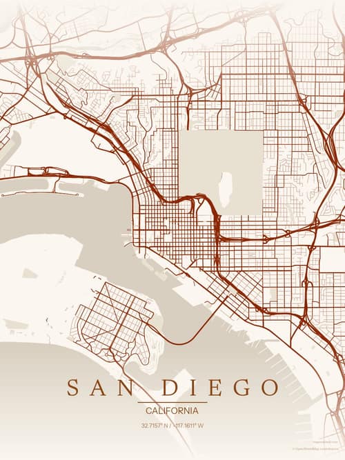 San Diego map art print in Autumn Embers — minimalist city map poster
