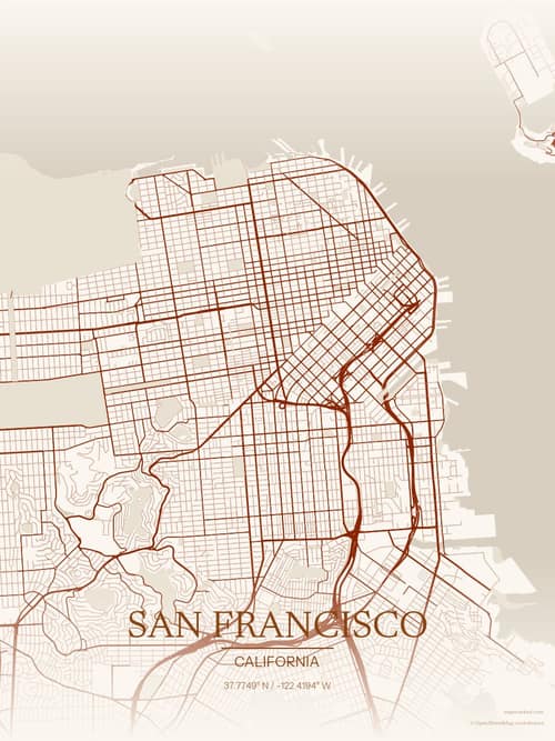 San Francisco map art print in Autumn Embers — minimalist city map poster