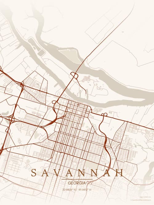Savannah map art print in Autumn Embers — minimalist city map poster