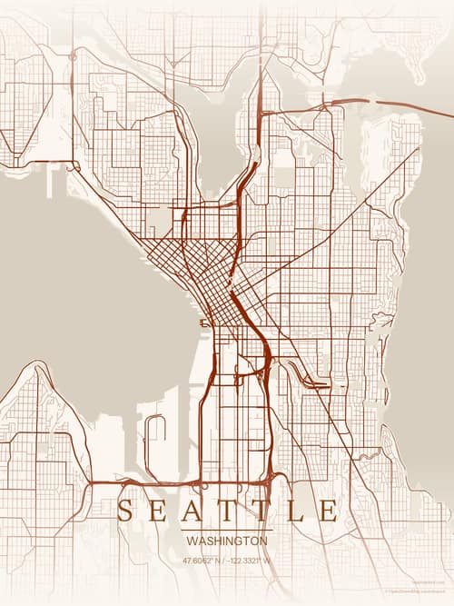 Seattle map art print in Autumn Embers — minimalist city map poster