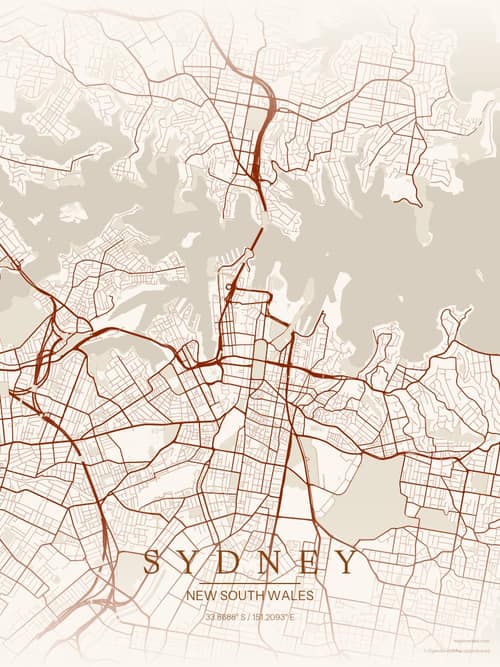 Sydney map art print in Autumn Embers — minimalist city map poster
