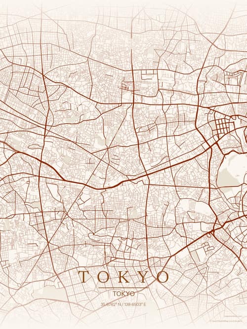 Tokyo map art print in Autumn Embers — minimalist city map poster