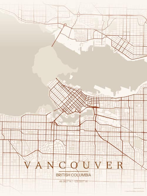 Vancouver map art print in Autumn Embers — minimalist city map poster
