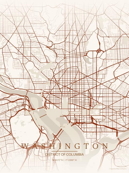 Washington map art print in Autumn Embers — minimalist city map poster
