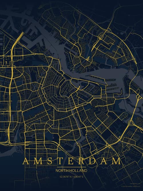 Amsterdam map art print in Brass Astrolabe — minimalist city map poster