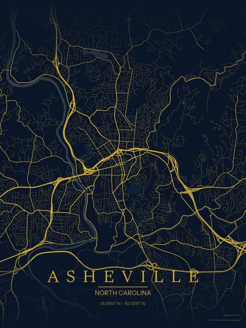 Asheville map art print in Brass Astrolabe — minimalist city map poster