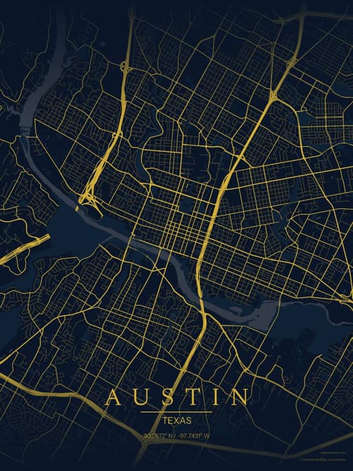 Austin map art print in Brass Astrolabe — minimalist city map poster
